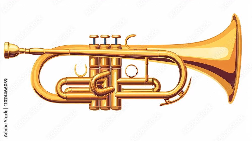 Obraz premium illustration of a brass cornet illustrated from the front, set against a white background for graphic applications.