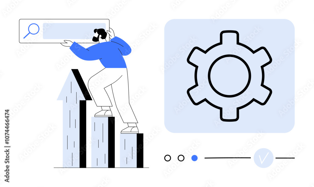 Man climbing bar graph holding search bar next to large gear icon representing optimization. Ideal for business growth, SEO, analytics, progress tracking, data management, digital strategy, technical Man climbing bar graph holding search bar next to large gear icon representing optimization. Ideal for business growth, SEO, analytics, progress tracking, data management, digital strategy, technical
