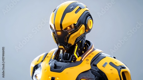 Futuristic Robot Yellow Armor AI Cyborg Technology Close up