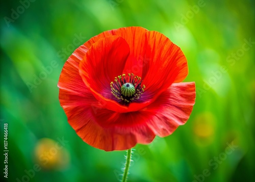 Aerial View of a Vibrant Red Poppy Flower Set Against a Smooth Green Background, Capturing the Beauty of Nature's Contrasts in a Stunning Landscape Composition