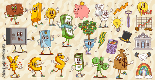 Retro cartoon groovy finance characters of cute money, golden coins, wallet and credit card. Vector psychedelic dollar, euro and yen currency symbols, vintage money bag, safe and hippy smile personage