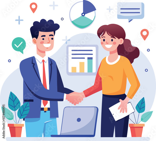 People shaking hands at work - Two businesspeople, man and woman doing handshake in office at work while smiling over business agreement and deal. Flat design stock illustration on white background