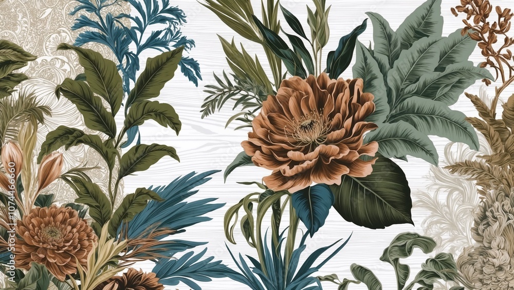 Obraz premium Antique Botanical Drawing Featuring an Array of Intricate Plants and Lush Greenery