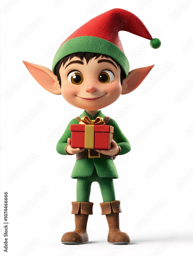 A whimsical cartoon elf with pointed ears in a green outfit and red hat joyfully holds a sparkling gift against a white background. A whimsical cartoon elf with pointed ears in a green outfit and red hat joyfully holds a sparkling gift against a white background.