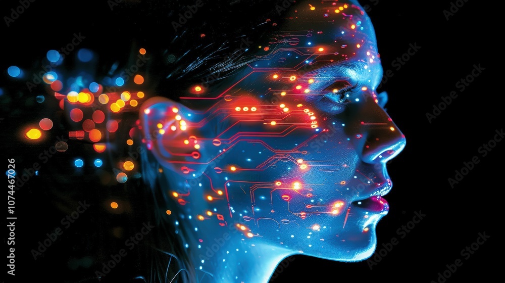 Surreal Profile of a Woman with Electronic Circuitry Patterns Illuminating Her Face Against a Dark Background Representing Technology and Innovation Surreal Profile of a Woman with Electronic Circuitry Patterns Illuminating Her Face Against a Dark Background Representing Technology and Innovation