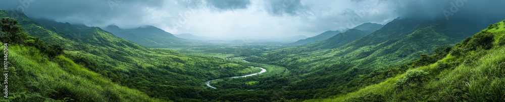 panoramic view of lush green valley with rolling hills and winding river, surrounded by dense forests and dramatic clouds. scene evokes tranquility and natural beauty panoramic view of lush green valley with rolling hills and winding river, surrounded by dense forests and dramatic clouds. scene evokes tranquility and natural beauty