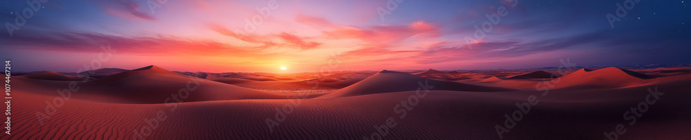 panoramic view of vast desert at sunset, showcasing vibrant colors and serene landscapes. warm hues of orange and purple create tranquil atmosphere panoramic view of vast desert at sunset, showcasing vibrant colors and serene landscapes. warm hues of orange and purple create tranquil atmosphere