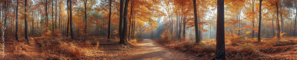 serene panorama of dense forest in autumn, showcasing vibrant orange and yellow foliage, with winding path inviting exploration serene panorama of dense forest in autumn, showcasing vibrant orange and yellow foliage, with winding path inviting exploration