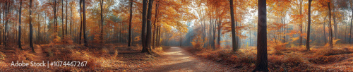 serene panorama of dense forest in autumn, showcasing vibrant orange and yellow foliage, with winding path inviting exploration