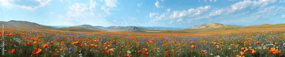 vibrant panoramic view of rolling hills adorned with colorful wildflowers, showcasing stunning landscape under bright blue sky. scene evokes sense of tranquility and natural beauty vibrant panoramic view of rolling hills adorned with colorful wildflowers, showcasing stunning landscape under bright blue sky. scene evokes sense of tranquility and natural beauty