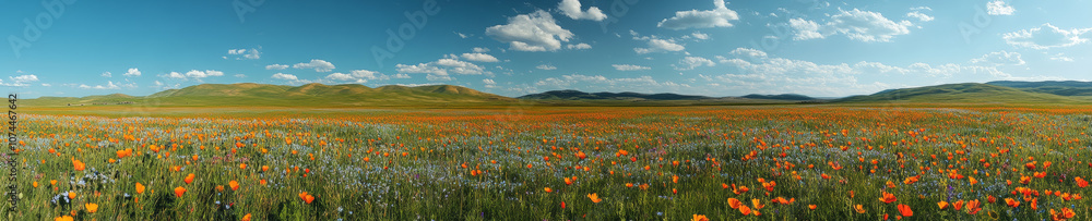 Vibrant panoramic view of rolling hills covered in wildflowers, showcasing colorful landscape under clear blue sky. scene evokes sense of tranquility and natural beauty Vibrant panoramic view of rolling hills covered in wildflowers, showcasing colorful landscape under clear blue sky. scene evokes sense of tranquility and natural beauty