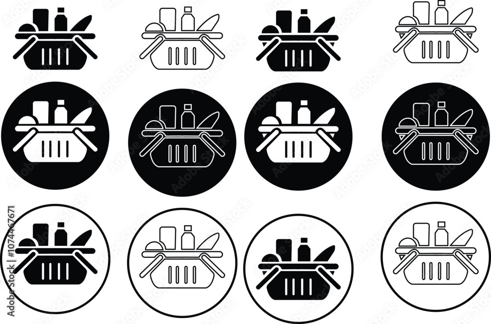 Groceries icon set. Full basket of food, grocery shopping icons vector graphic design elements, Modern Farm and Agriculture grocery bin, isolated on transparent background, for Grocery Themes, ui. Groceries icon set. Full basket of food, grocery shopping icons vector graphic design elements, Modern Farm and Agriculture grocery bin, isolated on transparent background, for Grocery Themes, ui.