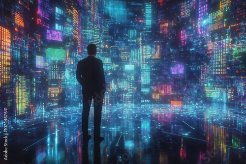 Wallpaper Mural A silhouette of a person stands before a vibrant digital cityscape. This futuristic scene represents technology and innovation in a colorful digital realm. Generative AI Torontodigital.ca