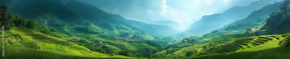 Fototapeta premium panoramic view of lush green rice terraces in Asia, showcasing vibrant landscapes and serene mountains under bright sky. beauty of nature is truly captivating
