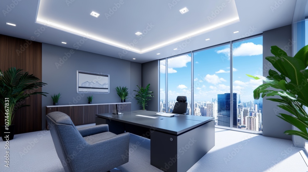 Fototapeta premium Modern Office Interior Design City View Desk Plants