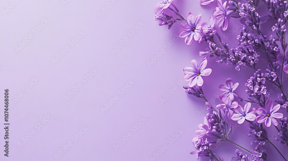 Delicate purple flowers on monochromatic purple background with space for text – ideal for wedding invitations, international women’s day, or mother’s day themes