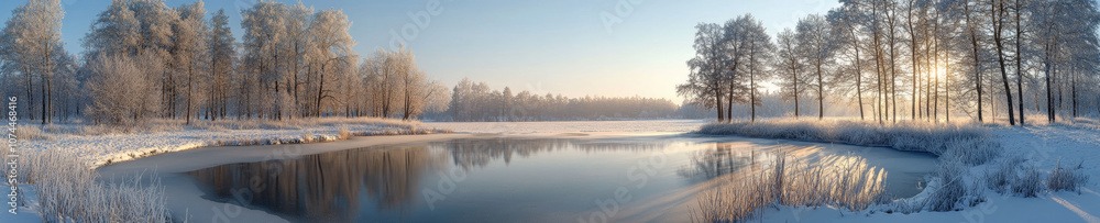 serene winter landscape featuring frozen lake surrounded by frosted trees, reflecting soft morning light. tranquil scene evokes sense of peace and beauty serene winter landscape featuring frozen lake surrounded by frosted trees, reflecting soft morning light. tranquil scene evokes sense of peace and beauty