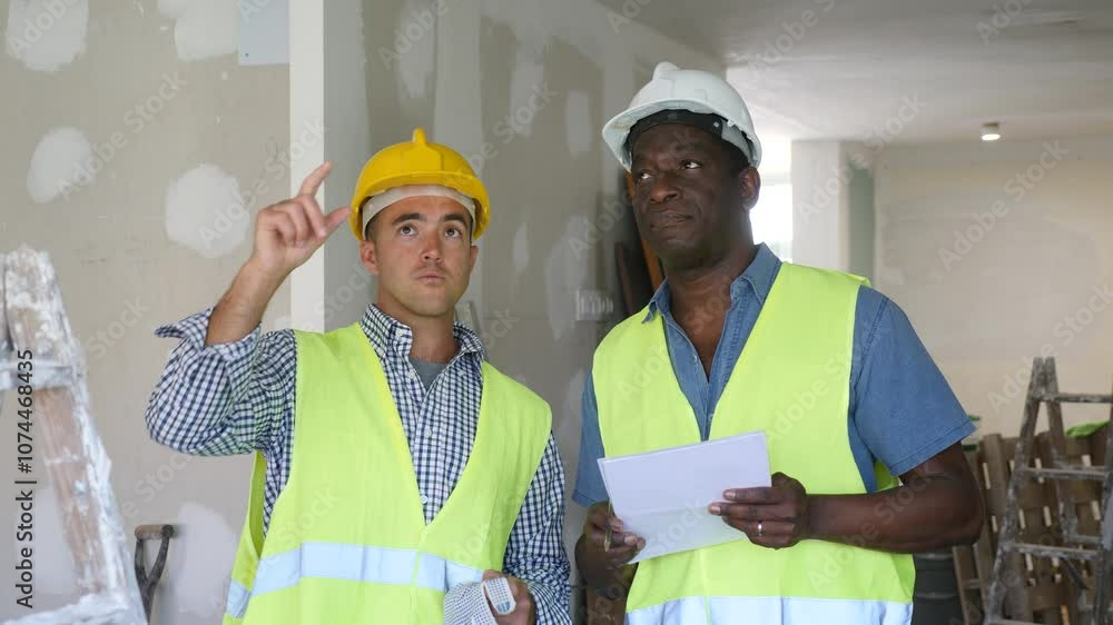 Foreman and worker in yellow vest and protective helmet are discussing the repair of a room in a cottage. High quality 4k footage Foreman and worker in yellow vest and protective helmet are discussing the repair of a room in a cottage. High quality 4k footage