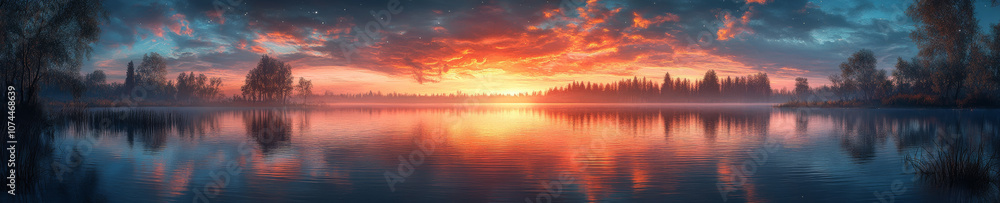 panoramic view of serene lake at sunset, showcasing vibrant colors reflecting on water surface. tranquil scene evokes sense of peace and natural beauty panoramic view of serene lake at sunset, showcasing vibrant colors reflecting on water surface. tranquil scene evokes sense of peace and natural beauty