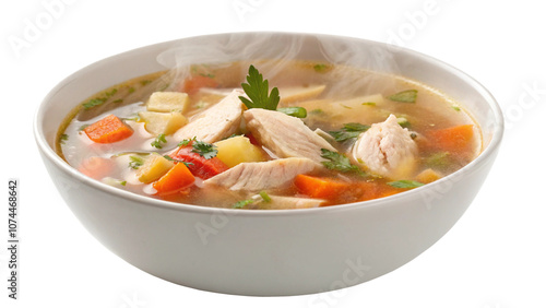 Chicken soup in a bowl. Isolated on a transparent background.