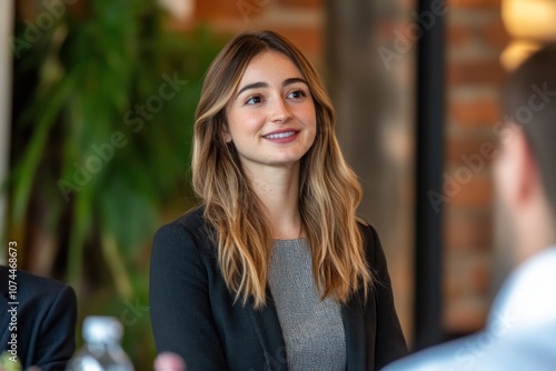 Successful female business leader presenting to a team, poised and confident, modern business setting