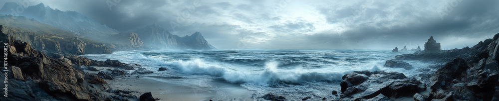 breathtaking panorama of rocky coastline with crashing waves, dramatic cliffs, and moody sky. scene captures raw beauty of nature, evoking sense of tranquility and awe breathtaking panorama of rocky coastline with crashing waves, dramatic cliffs, and moody sky. scene captures raw beauty of nature, evoking sense of tranquility and awe