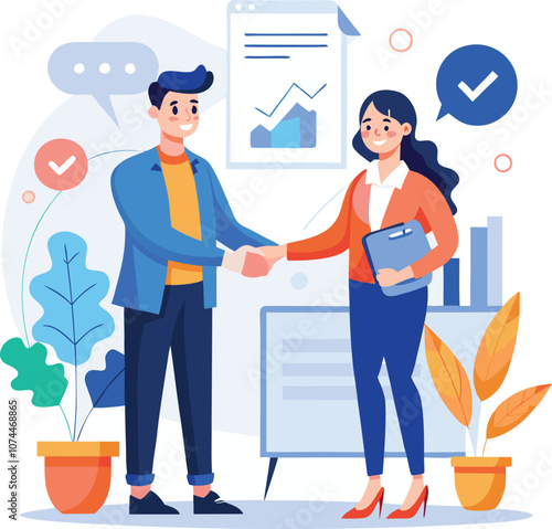 People shaking hands at work - Two businesspeople, man and woman doing handshake in office at work while smiling over business agreement and deal. Flat design stock illustration on white background