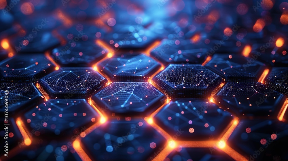 Abstract Hexagonal Grid with Glowing Elements and Connected Lines, Suitable for Technology, Science, or Digital Backgrounds in Various Creative Projects Abstract Hexagonal Grid with Glowing Elements and Connected Lines, Suitable for Technology, Science, or Digital Backgrounds in Various Creative Projects