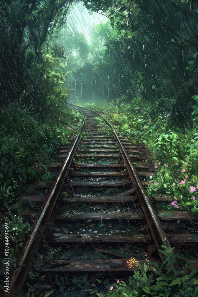 An abandoned train track through a rain-soaked forest, with wildflowers growing between the rails and rain dripping off the branches. An abandoned train track through a rain-soaked forest, with wildflowers growing between the rails and rain dripping off the branches.