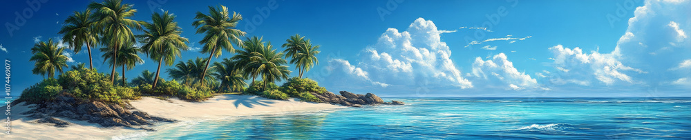 serene tropical island with palm trees, clear blue waters, and fluffy clouds creates peaceful paradise. vibrant colors evoke sense of tranquility and relaxation serene tropical island with palm trees, clear blue waters, and fluffy clouds creates peaceful paradise. vibrant colors evoke sense of tranquility and relaxation
