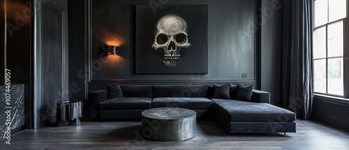 Fototapeta Naklejka Na Ścianę i Meble -  A black room with a skull painting on the wall and a black couch