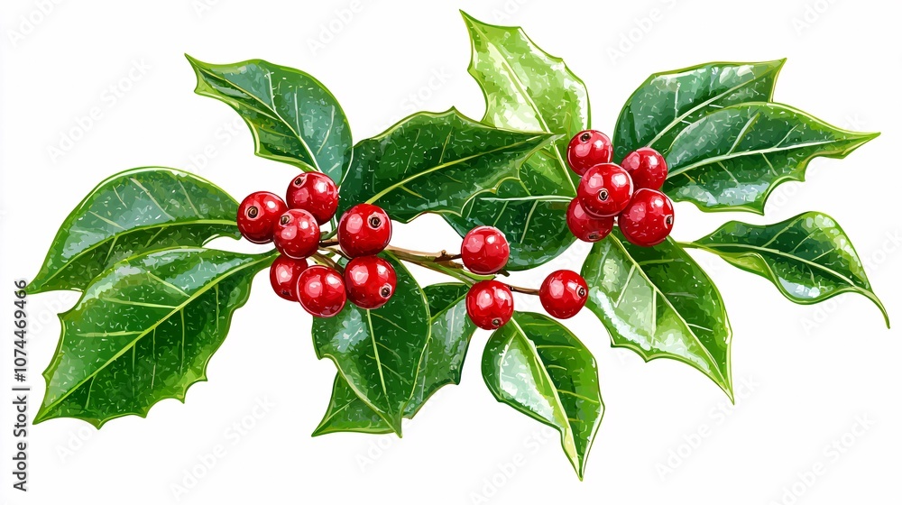 Vibrant red holly berries amidst shiny green leaves, illustrated in detail on a white background. Vibrant red holly berries amidst shiny green leaves, illustrated in detail on a white background.