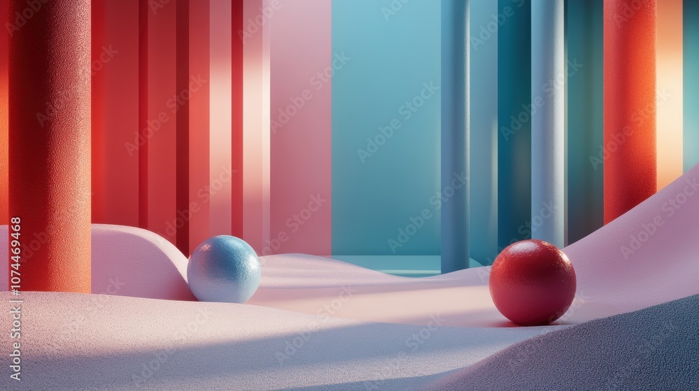 Abstract 3D Render of Two Spheres in a Colorful Geometric Space Abstract 3D Render of Two Spheres in a Colorful Geometric Space