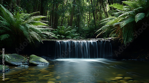 A tranquil scene of a small waterfall spilling over smooth stones, surrounded by ferns and lush vegetation, creating a peaceful retreat 