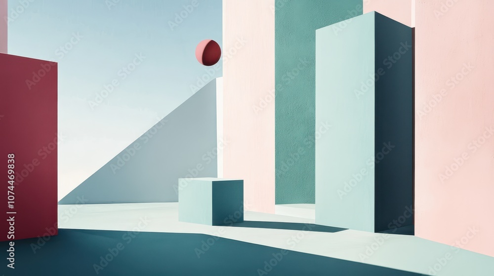 Fototapeta premium Abstract Geometric Shapes in Pastel Colors with a Floating Sphere