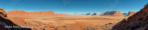 stunning panoramic view of vast desert landscape featuring red rock formations, clear blue skies, and distant mountains. scene evokes sense of tranquility and natural beauty