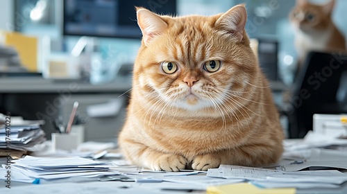 The Angry Fat Cat sits in a cluttered office, with papers strewn everywhere and a look of pure disdain on its chubby face