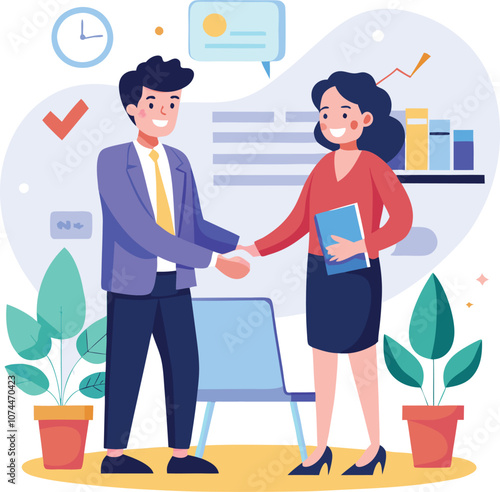 People shaking hands at work - Two businesspeople, man and woman doing handshake in office at work while smiling over business agreement and deal. Flat design stock illustration on white background