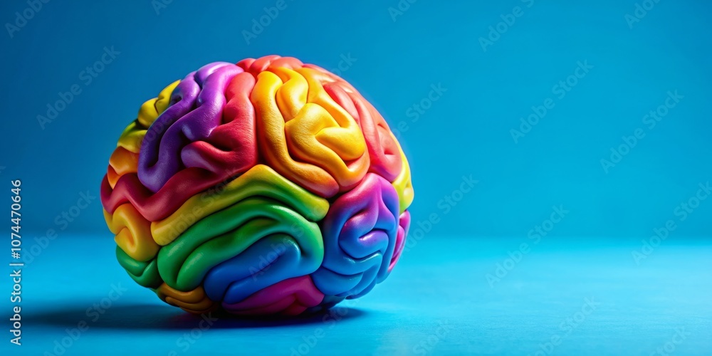 Candid Photography of a Cute Colorful Brain Model Representing Logical Thinking Process and ADHD Awareness on a Blue Background with Ample Copy Space for Text