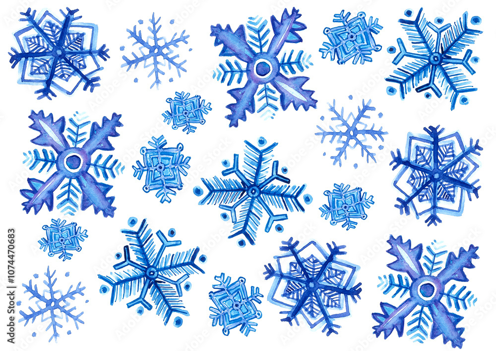 Fototapeta premium A set of different snowflakes. Different sizes and ornaments. Watercolor. Different shades of blue. White background. Pattern.