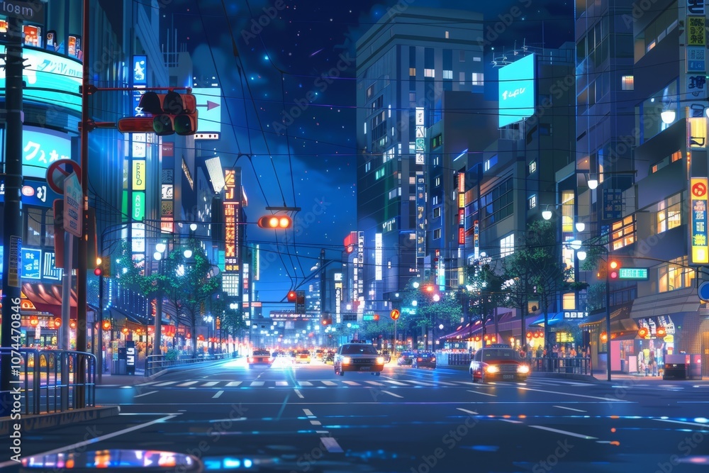Fototapeta premium Nighttime Cityscape with Neon Lights and Cars. Anime Illustration Style.