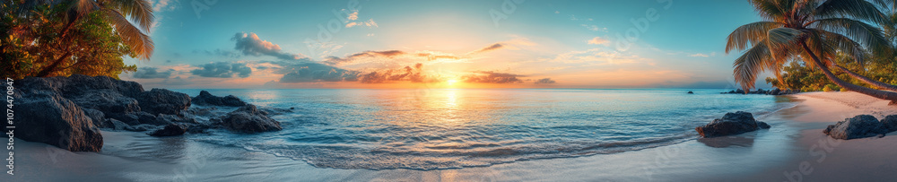 Fototapeta premium stunning panoramic view of tropical beach at sunrise, featuring calm waters, gentle waves, and lush palm trees. vibrant colors of sky reflect on serene ocean, creating peaceful atmosphere