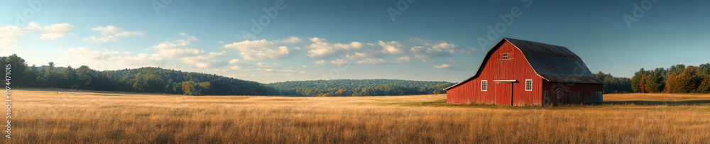 panoramic landscape of rural farm featuring red barn surrounded by golden fields and lush green trees under clear blue sky. serene atmosphere evokes sense of tranquility and connection to nature panoramic landscape of rural farm featuring red barn surrounded by golden fields and lush green trees under clear blue sky. serene atmosphere evokes sense of tranquility and connection to nature