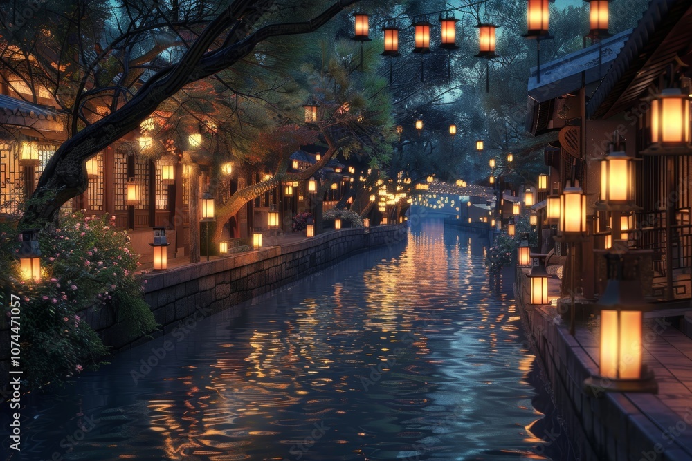 Fototapeta premium Serene Night Canal with Glowing Lanterns. Anime Illustration Style.