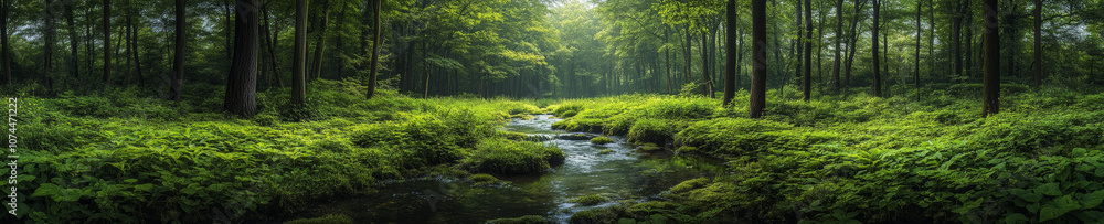 serene forest panorama featuring lush greenery, gentle stream, and dappled sunlight filtering through trees creates tranquil atmosphere