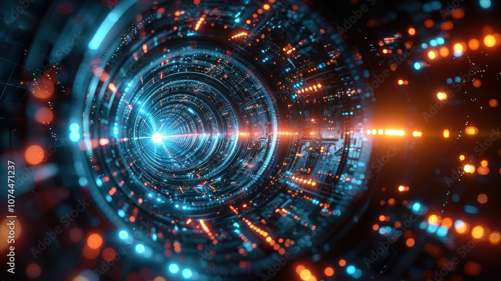 Abstract Visualization of a High-Tech Digital Tunnel with Glowing Circuits and Light Particles Representing Data Flow and Futuristic Technology Abstract Visualization of a High-Tech Digital Tunnel with Glowing Circuits and Light Particles Representing Data Flow and Futuristic Technology