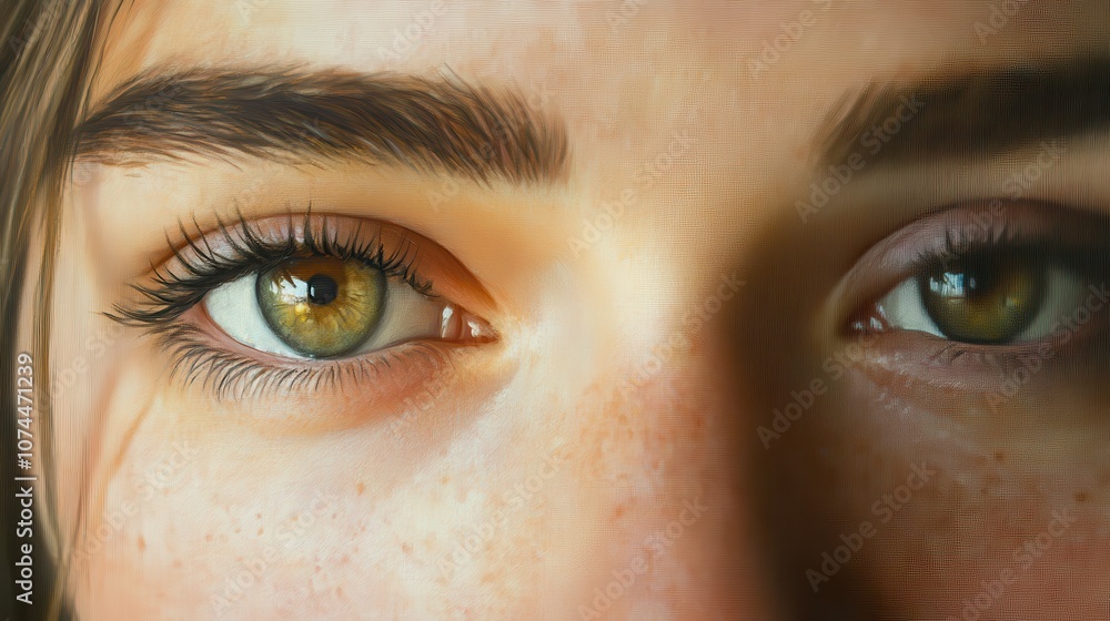 Fototapeta premium Close-up of a woman's eye with hazel iris and long eyelashes.