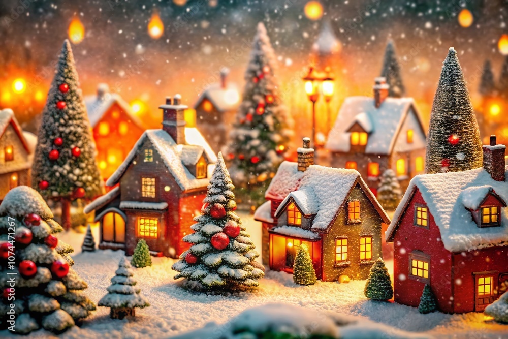 Colorful Snowy Village Illustration in Tilt-Shift Photography Style for December and Christmas with Hand-Drawn Look Perfect for Cards and Stationery Designs Colorful Snowy Village Illustration in Tilt-Shift Photography Style for December and Christmas with Hand-Drawn Look Perfect for Cards and Stationery Designs