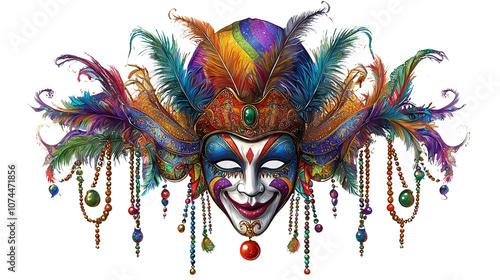 Vibrant jester mask with beads, feathers, and a festive hat, ideal for Mardi Gras themed designs, set against a white background. photo