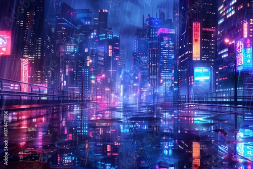 Rainy Night in a Neon City. Anime Illustration Style.